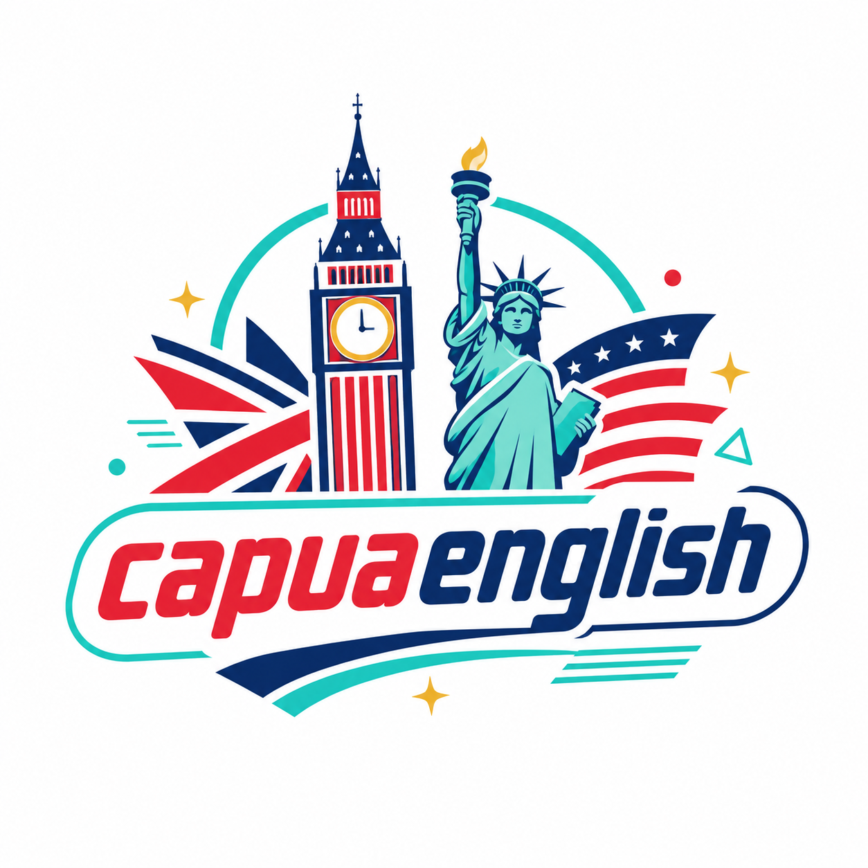 Marca Capua English com Big Ben e Estátua da Liberdade